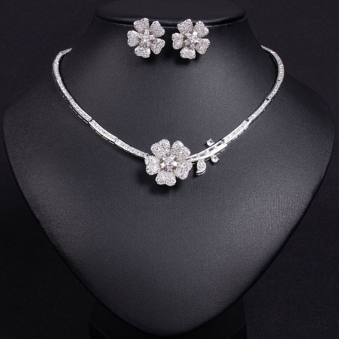 Bridal Brass CZ Flowers Choker Necklace Earrings Set - Image 5