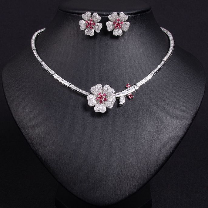 Bridal Brass CZ Flowers Choker Necklace Earrings Set - Image 4
