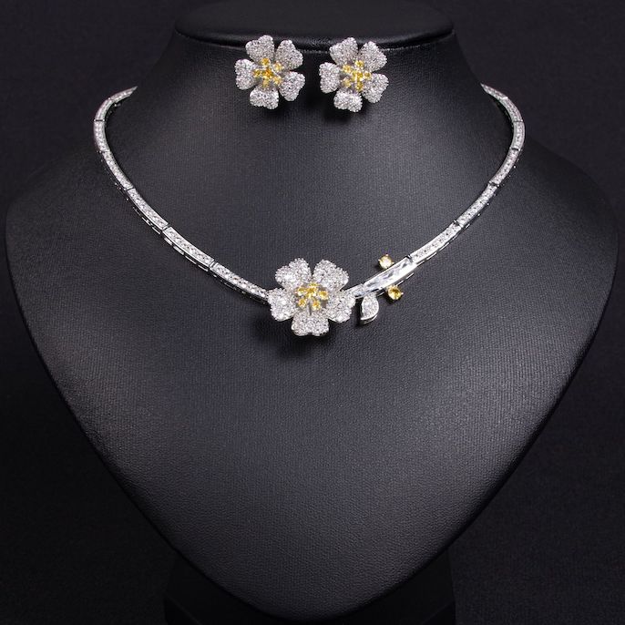 Bridal Brass CZ Flowers Choker Necklace Earrings Set - Image 3