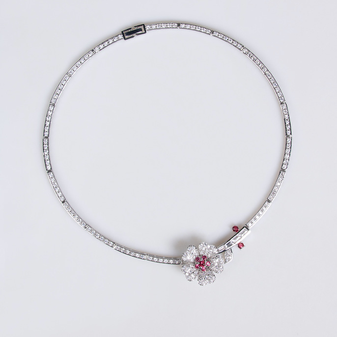 Bridal Brass CZ Flowers Choker Necklace Earrings Set - Image 2