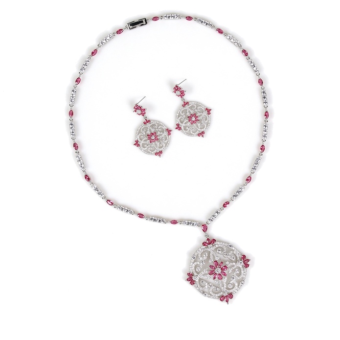 Bridal Brass Hollow CZ Flower Pendant Necklace Earrings Set