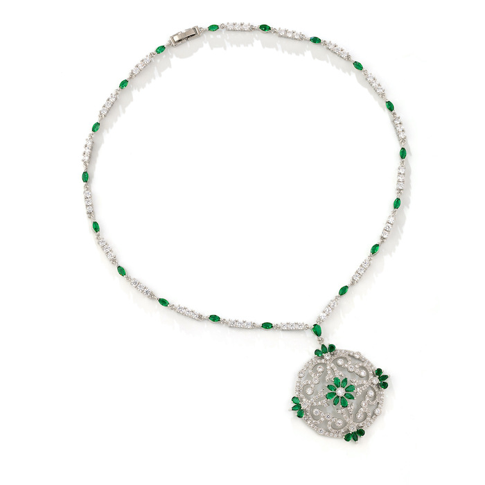 Bridal Brass Hollow CZ Flower Pendant Necklace Earrings Set - Image 2