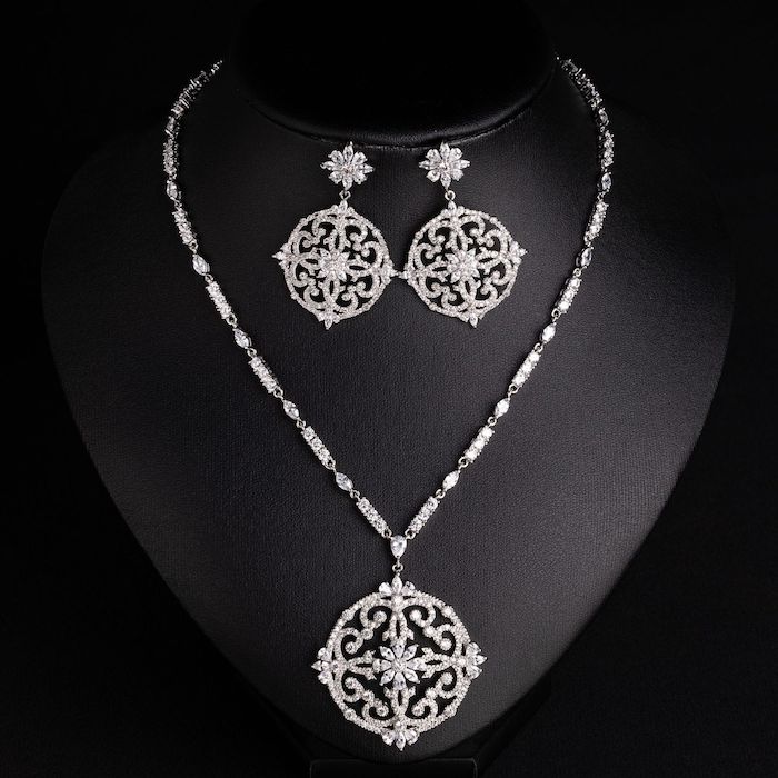 Bridal Brass Hollow CZ Flower Pendant Necklace Earrings Set - Image 4
