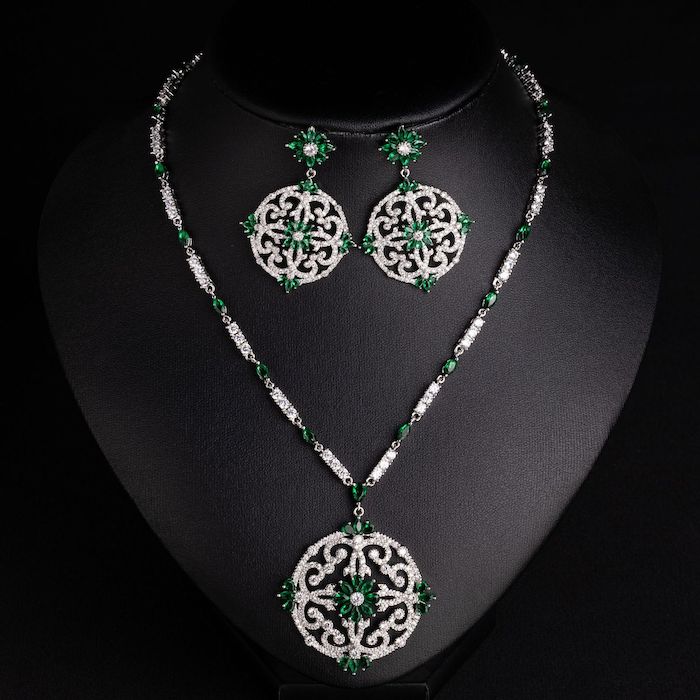 Bridal Brass Hollow CZ Flower Pendant Necklace Earrings Set - Image 5