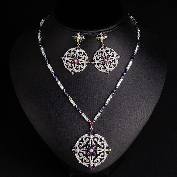 Bridal Brass Hollow CZ Flower Pendant Necklace Earrings Set - Image 6
