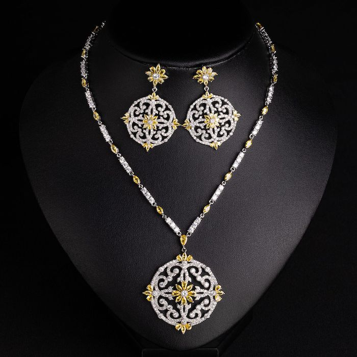 Bridal Brass Hollow CZ Flower Pendant Necklace Earrings Set - Image 7
