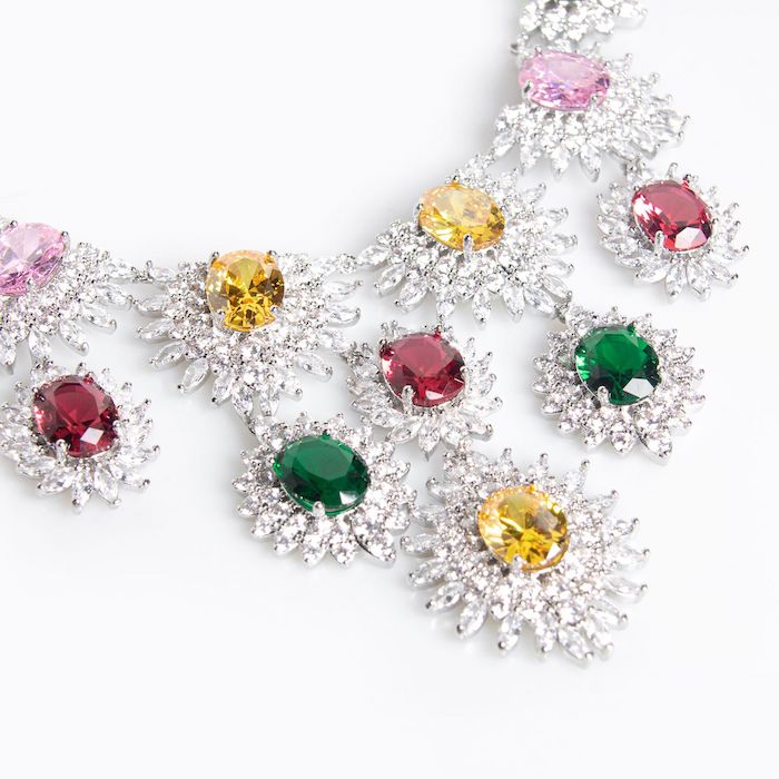 Bridal Brass Oval CZ Flowers Statement Necklace Earrings Set - Image 3