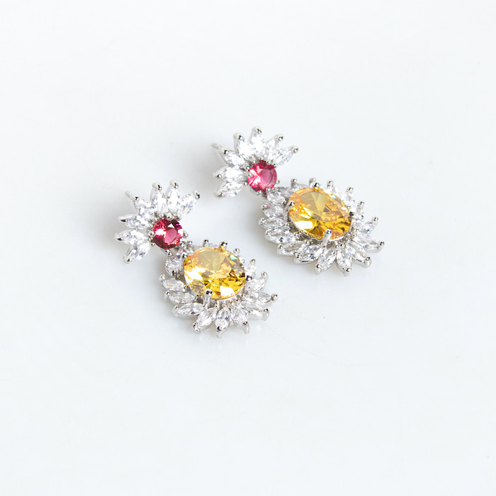 Bridal Brass Oval CZ Flowers Statement Necklace Earrings Set - Image 2