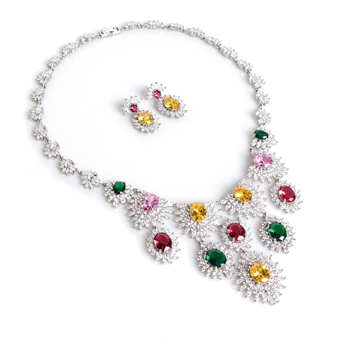Bridal Brass Oval CZ Flowers Statement Necklace Earrings Set