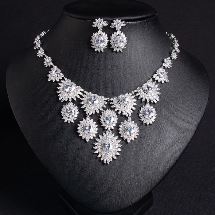 Bridal Brass Oval CZ Flowers Statement Necklace Earrings Set - Image 4
