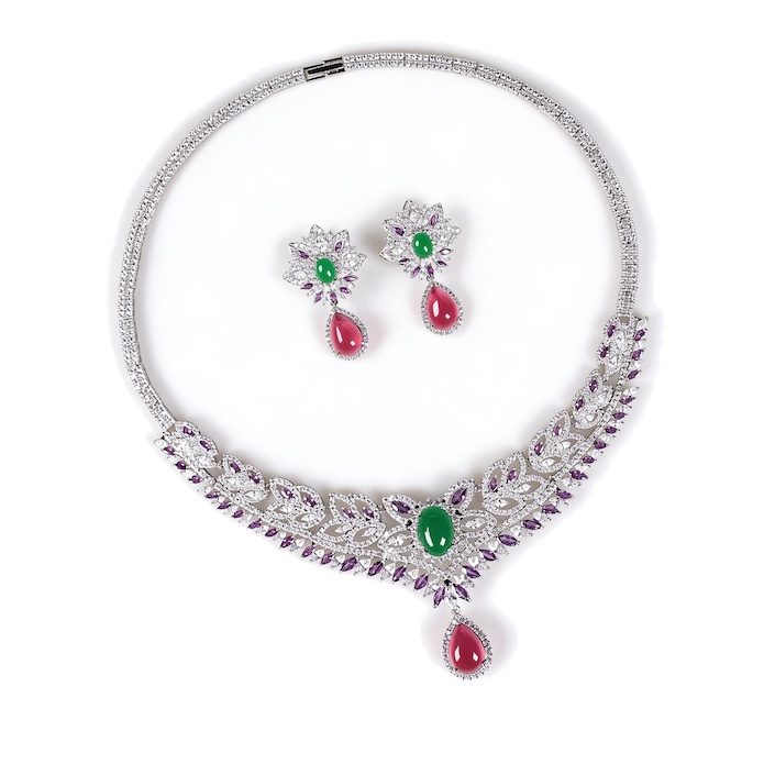 Bridal Brass Colored CZ Leaves Choker Necklace Earrings Set