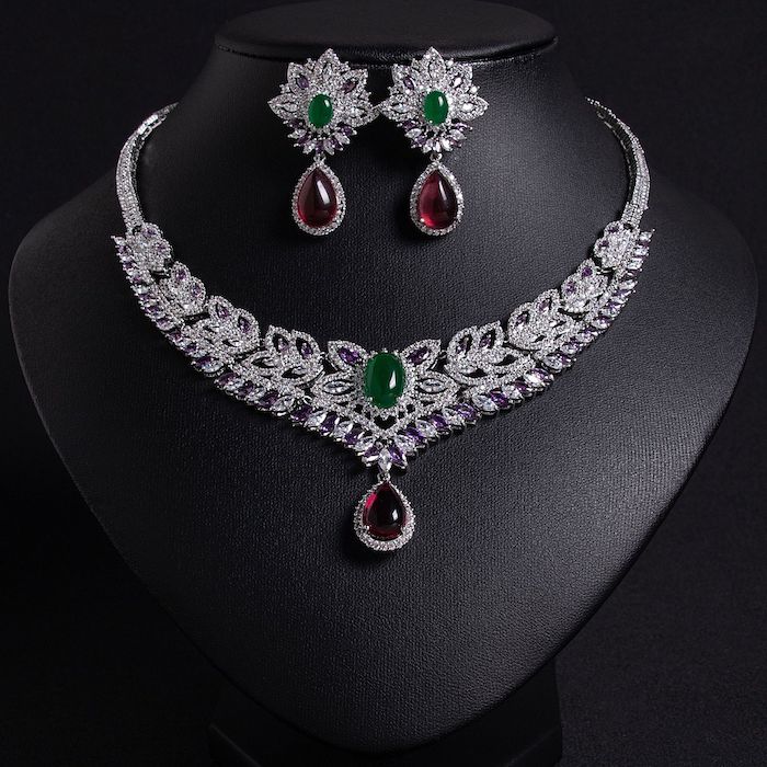 Bridal Brass Colored CZ Leaves Choker Necklace Earrings Set - Image 4