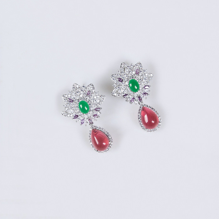 Bridal Brass Colored CZ Leaves Choker Necklace Earrings Set - Image 3