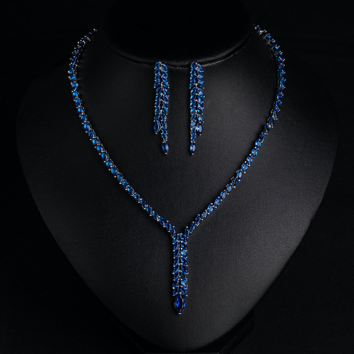 Bridal Brass Eye-shaped CZ Leaves Choker Necklace Earrings Set - Image 4