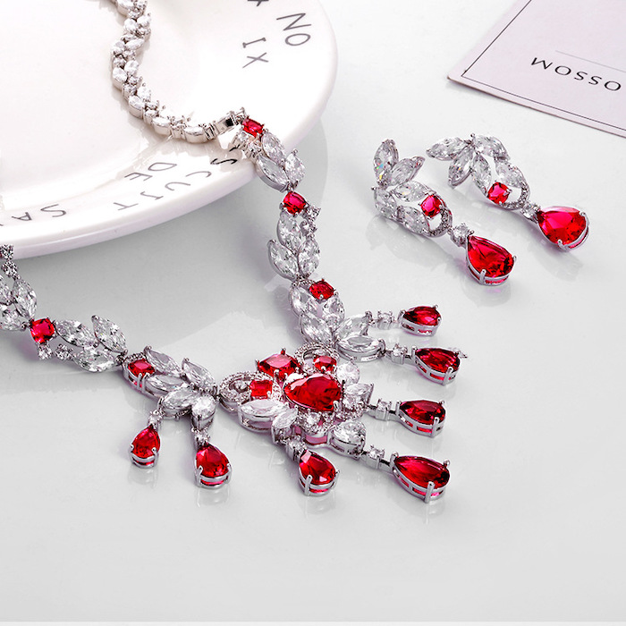 Bridal Brass Teardrop CZ Leaf Tassels Choker Necklace Earrings Set - Image 2