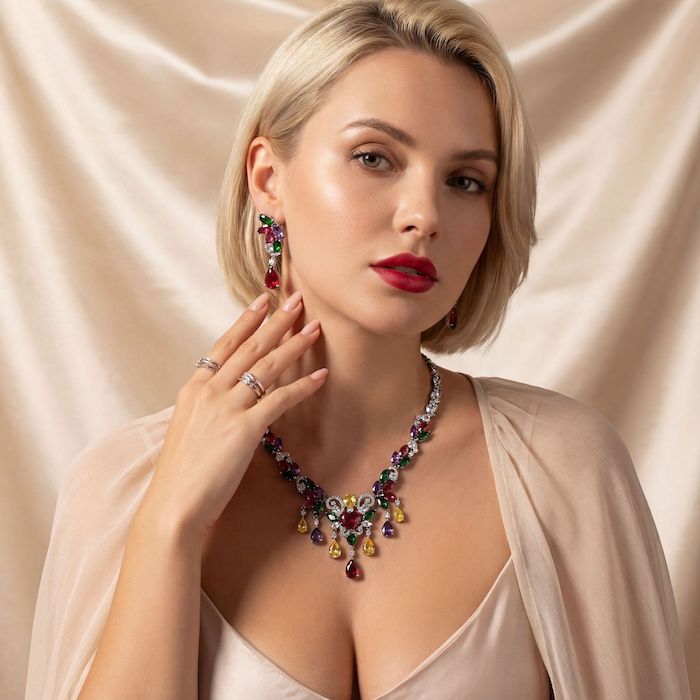 Bridal Brass Teardrop CZ Leaf Tassels Choker Necklace Earrings Set - Image 6