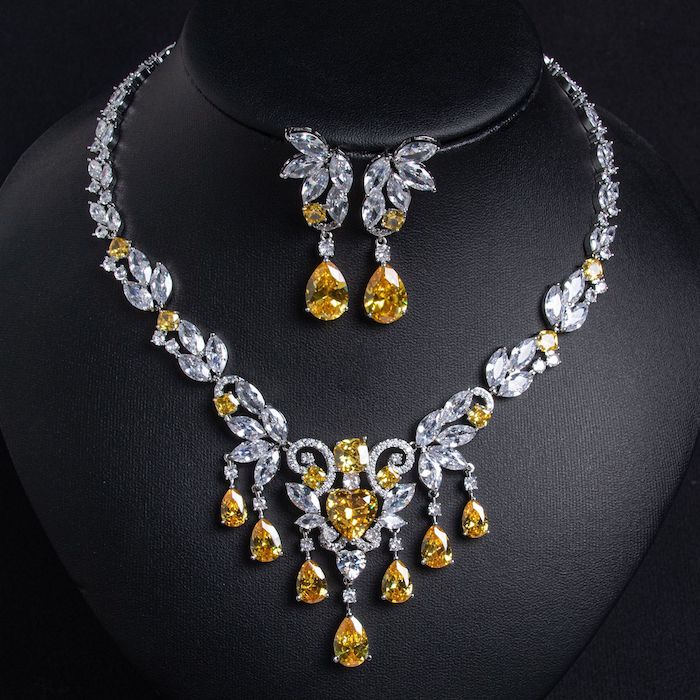 Bridal Brass Teardrop CZ Leaf Tassels Choker Necklace Earrings Set - Image 5