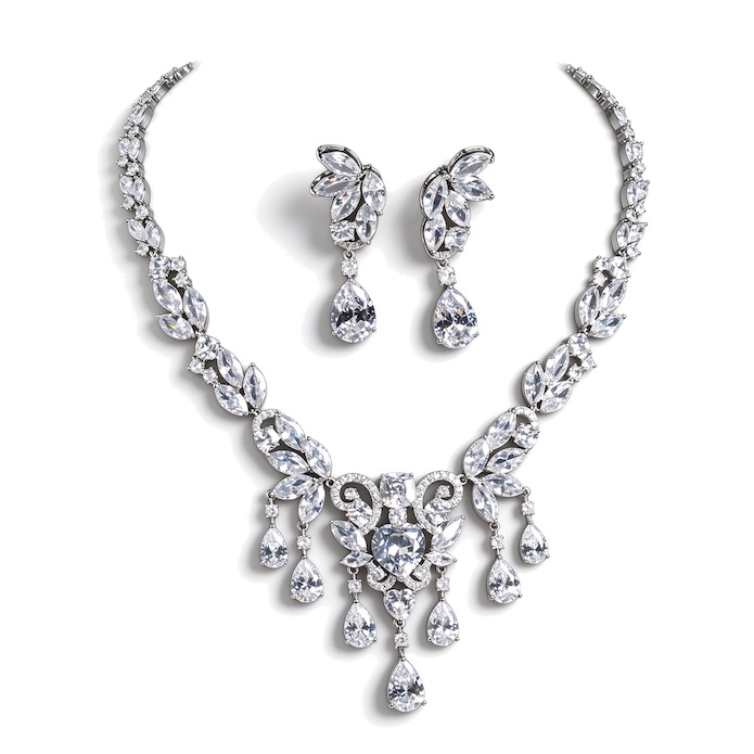 Bridal Brass Teardrop CZ Leaf Tassels Choker Necklace Earrings Set