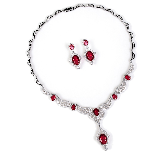 Bridal Brass Hollow Oval Ruby CZ Pendant Necklace Earrings Set
