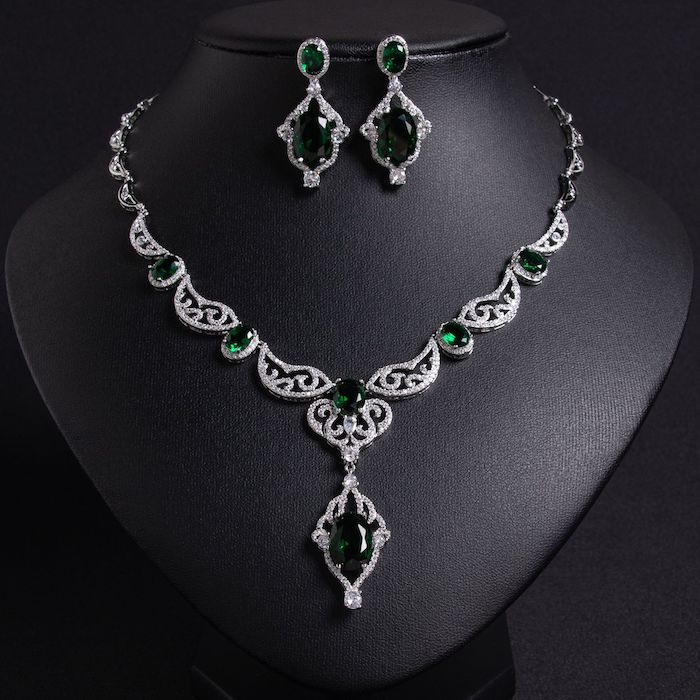 Bridal Brass Hollow Oval Ruby CZ Pendant Necklace Earrings Set - Image 3