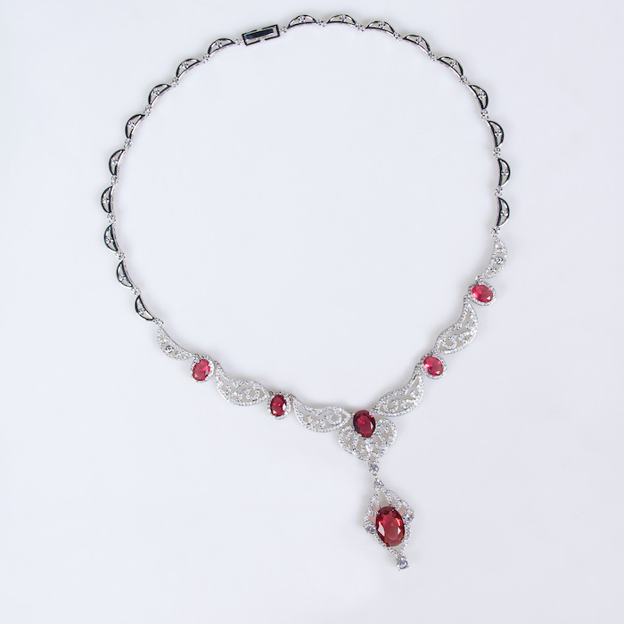 Bridal Brass Hollow Oval Ruby CZ Pendant Necklace Earrings Set - Image 2