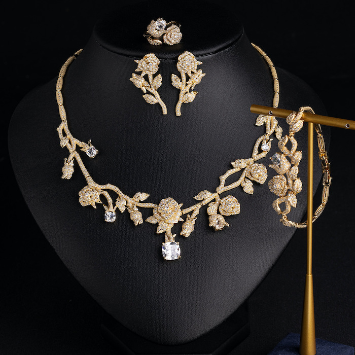 4pcs Bridal Brass CZ Leaf Flowers Choker Necklace Set - Image 4