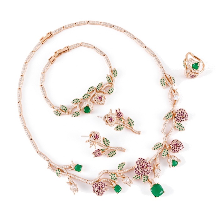4pcs Bridal Brass CZ Leaf Flowers Choker Necklace Set