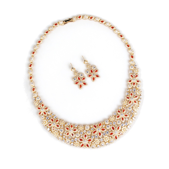 Bridal Brass Diamond Flowers Choker Necklace Earring Set