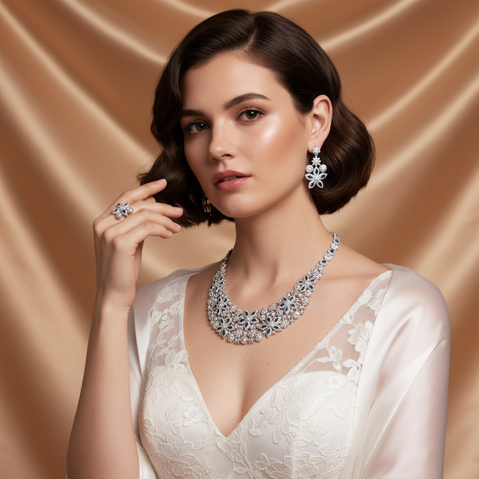 Bridal Brass Diamond Flowers Choker Necklace Earring Set - Image 6