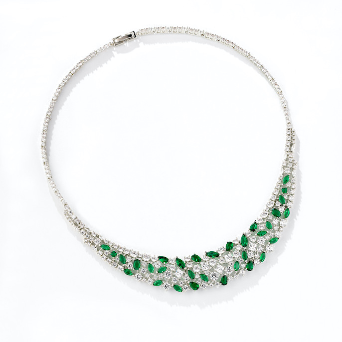 Party Brass Oval Leaf Zircons Choker Necklace Earrings Set - Image 2