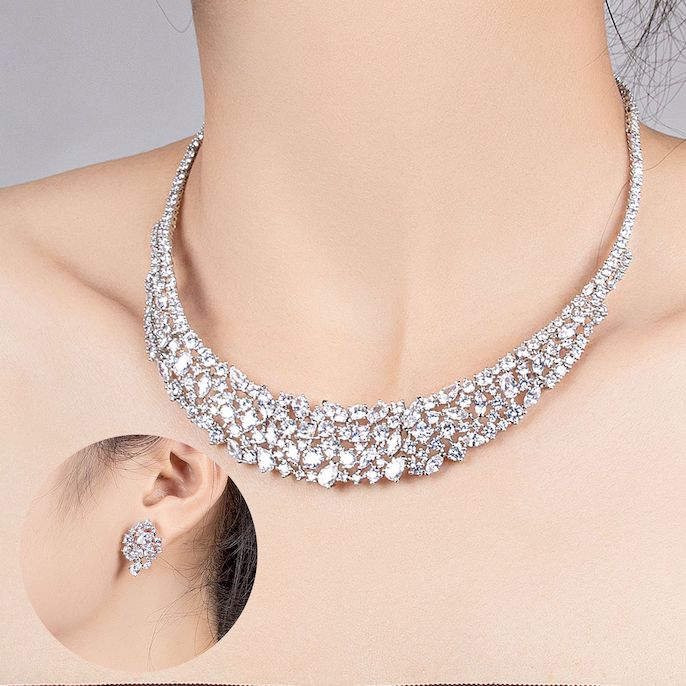 Party Brass Oval Leaf Zircons Choker Necklace Earrings Set - Image 5