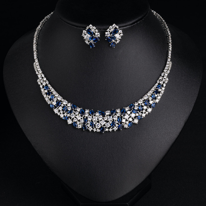 Party Brass Oval Leaf Zircons Choker Necklace Earrings Set - Image 3