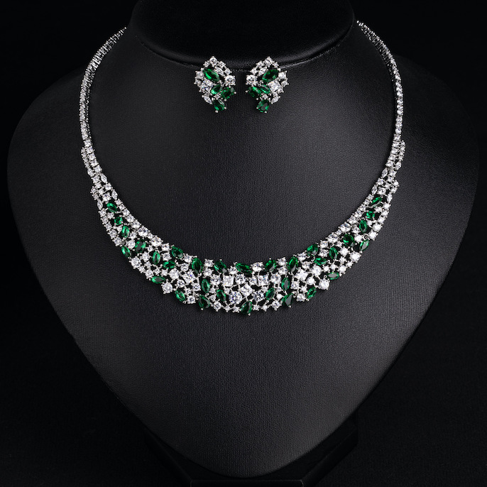 Party Brass Oval Leaf Zircons Choker Necklace Earrings Set - Image 4