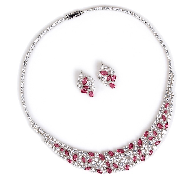 Party Brass Oval Leaf Zircons Choker Necklace Earrings Set