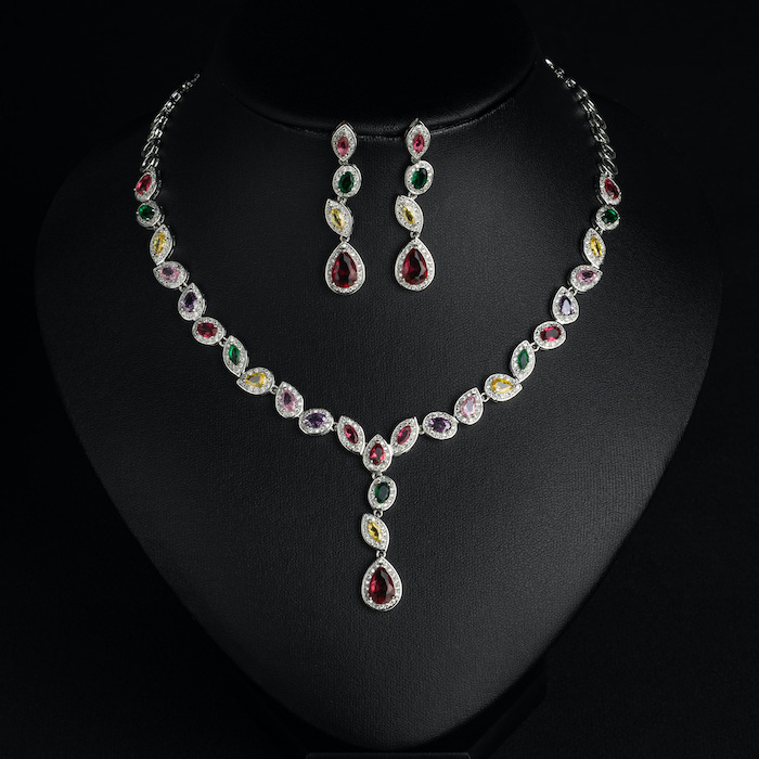 Bridal Brass CZ Leaf Teardrop Choker Necklace Earring Set - Image 3