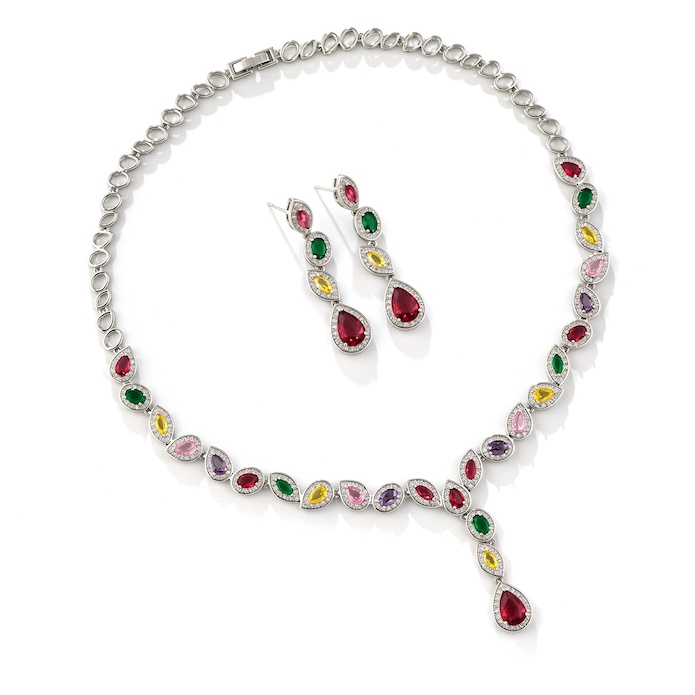 Bridal Brass CZ Leaf Teardrop Choker Necklace Earring Set