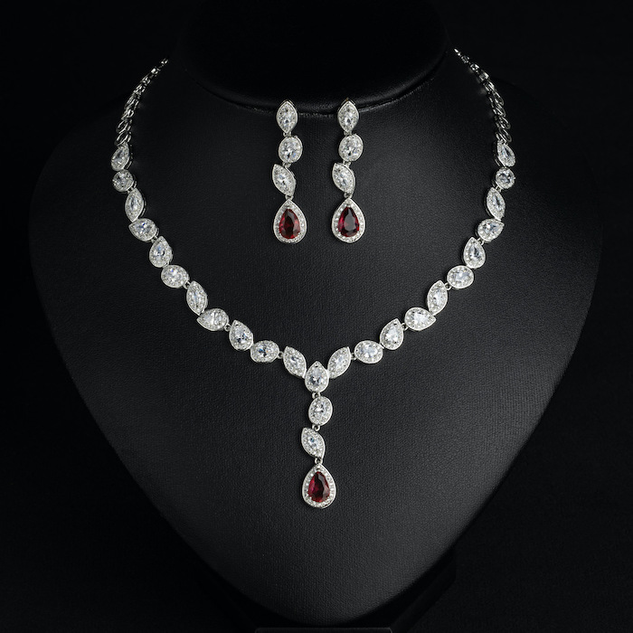 Bridal Brass CZ Leaf Teardrop Choker Necklace Earring Set - Image 5