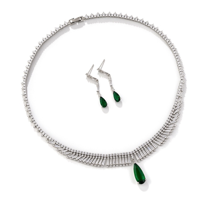 Bridal Brass Teardrop Emerald Choker Necklace Earring Set
