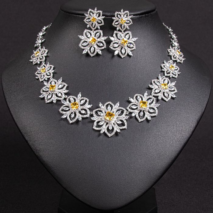 Bridal Brass CZ Daisy Flowers Choker Necklace Earring Set - Image 3