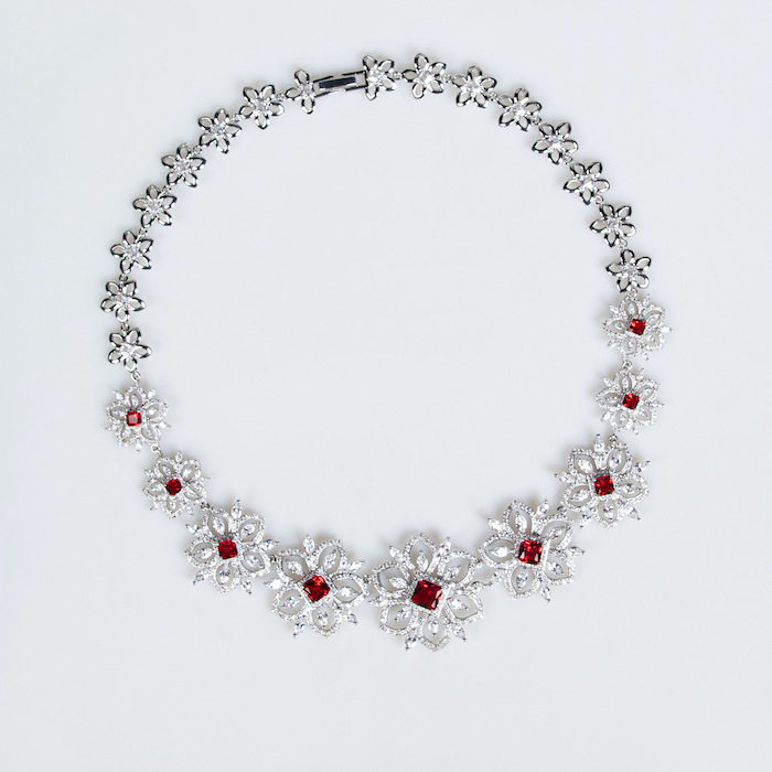 Bridal Brass CZ Daisy Flowers Choker Necklace Earring Set - Image 2