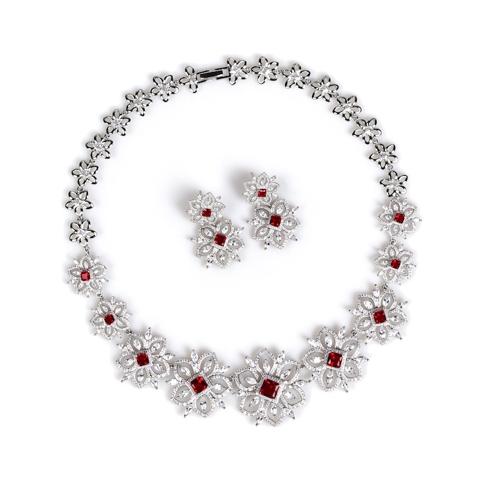Bridal Brass CZ Daisy Flowers Choker Necklace Earring Set