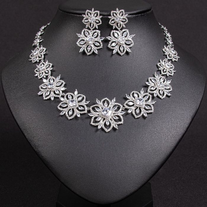 Bridal Brass CZ Daisy Flowers Choker Necklace Earring Set - Image 4