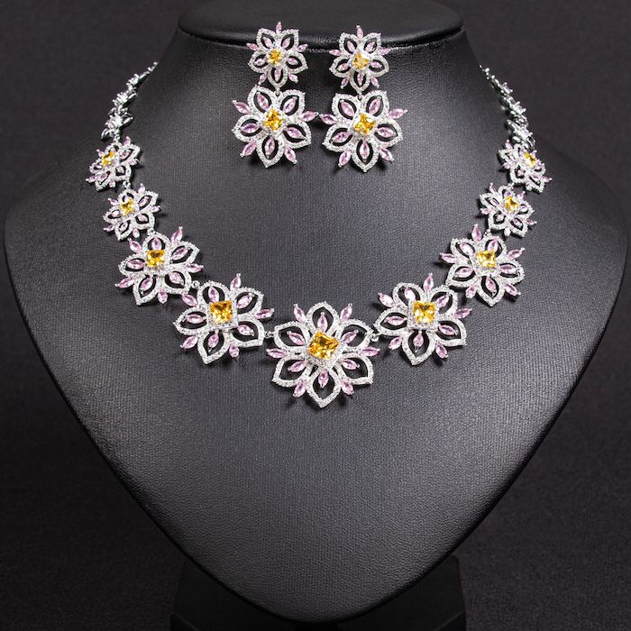 Bridal Brass CZ Daisy Flowers Choker Necklace Earring Set - Image 5