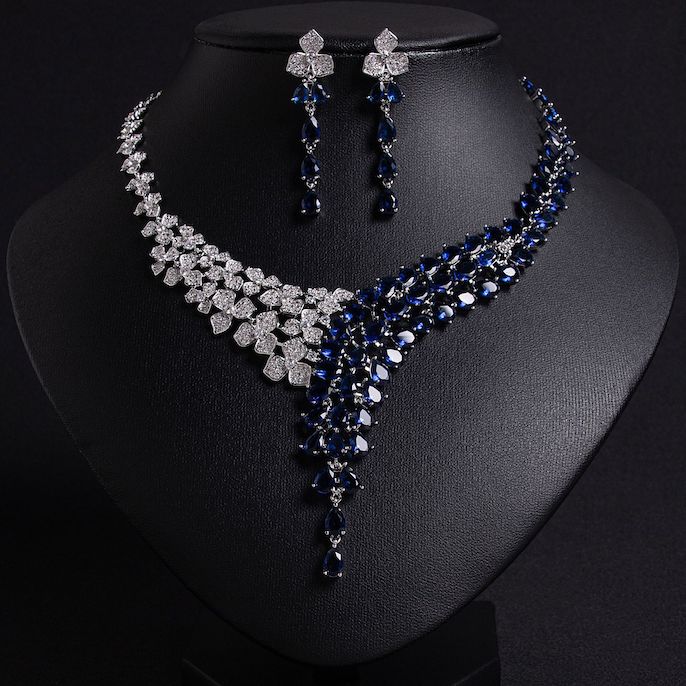 Party Brass Teardrop CZ Statement Choker Necklace Earrings Set - Image 5