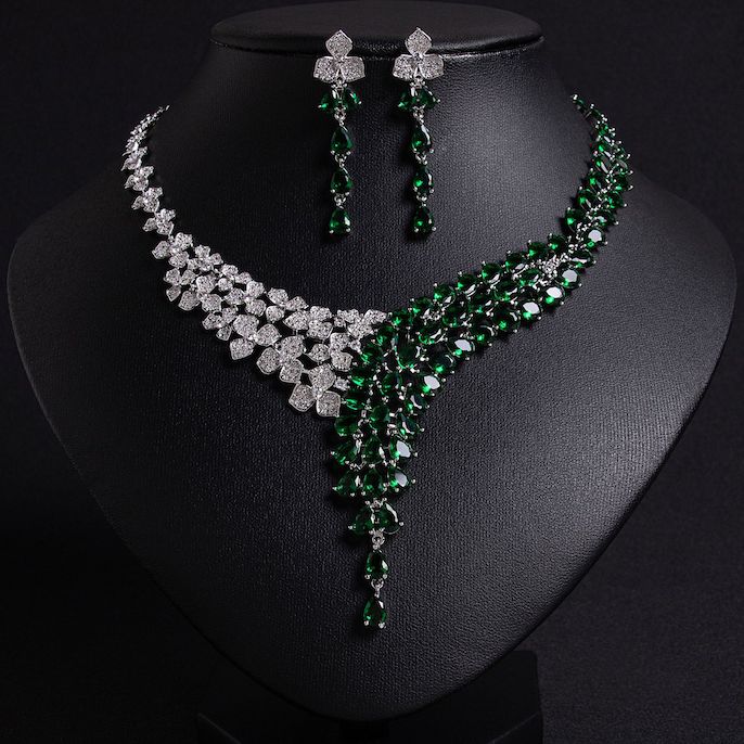Party Brass Teardrop CZ Statement Choker Necklace Earrings Set - Image 4
