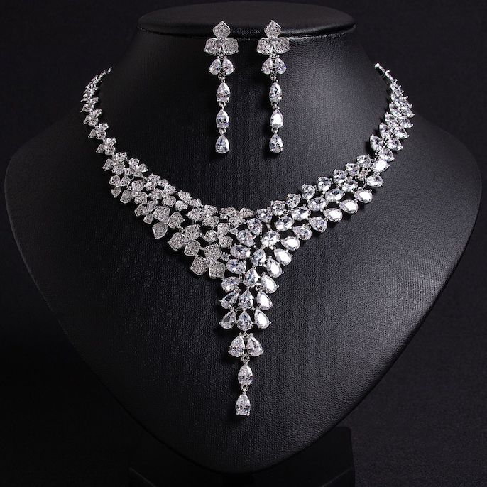 Party Brass Teardrop CZ Statement Choker Necklace Earrings Set - Image 3