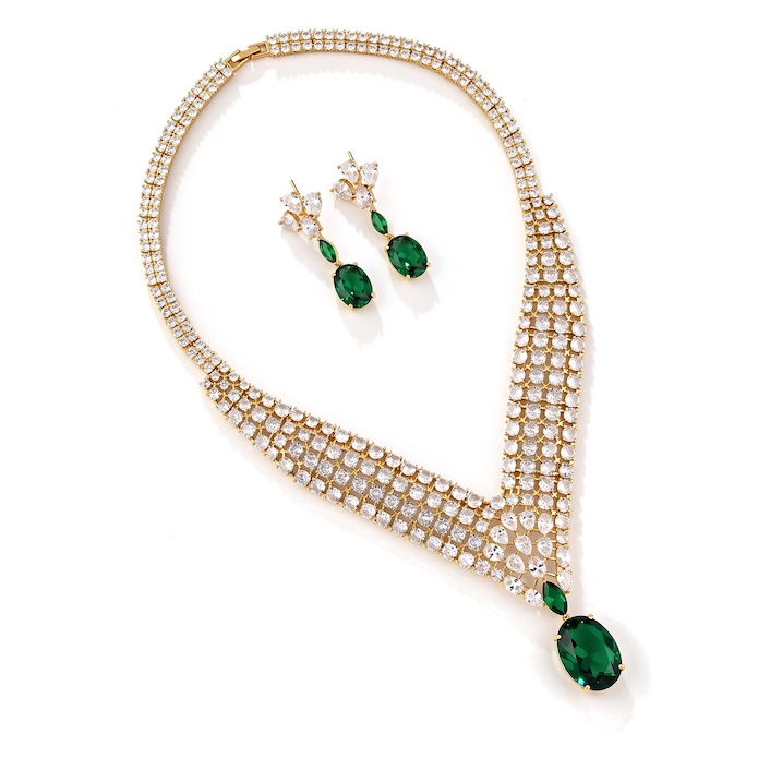 Bridal Brass Oval Stone CZ Statement Necklace Earring Set