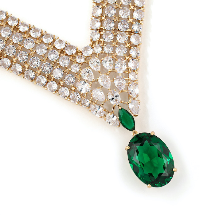 Bridal Brass Oval Stone CZ Statement Necklace Earring Set - Image 2