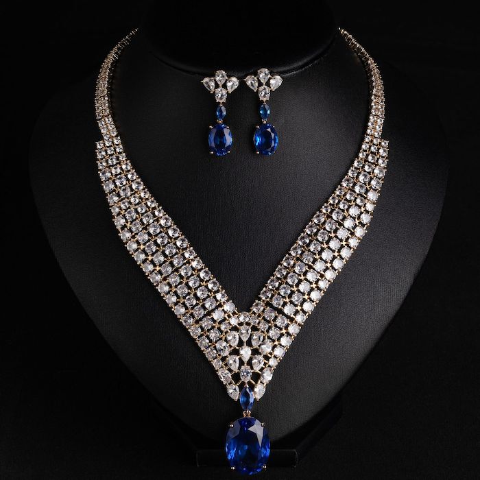 Bridal Brass Oval Stone CZ Statement Necklace Earring Set - Image 3