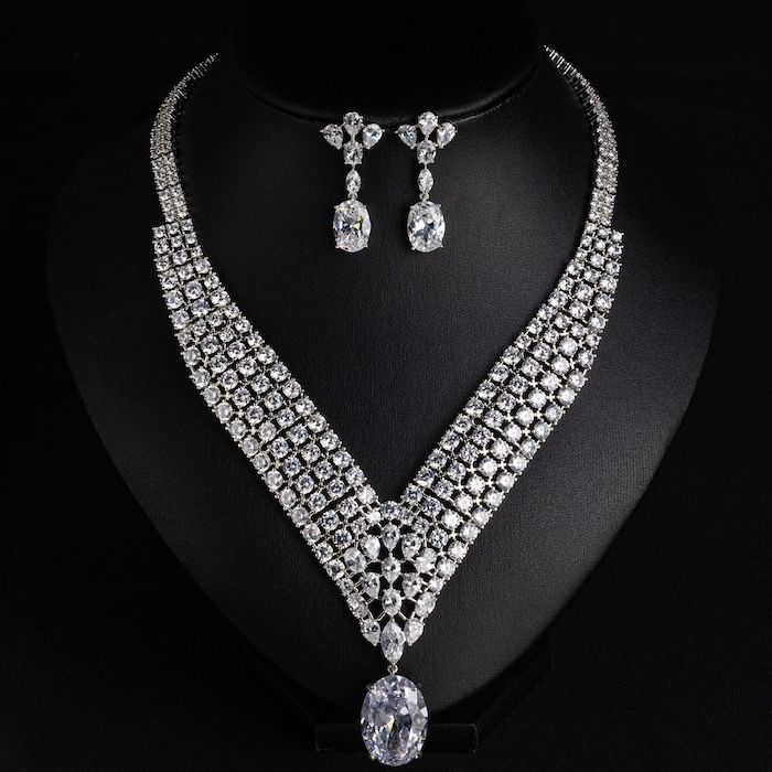 Bridal Brass Oval Stone CZ Statement Necklace Earring Set - Image 4